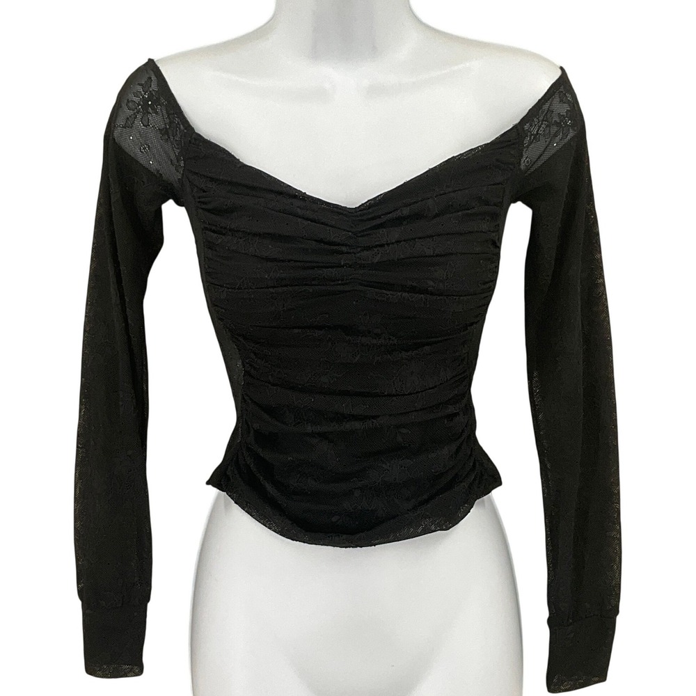 AFRM Top Womens XS Black Lace Ruched Off Shoulder Long Sleeve Mesh Goth Edgy